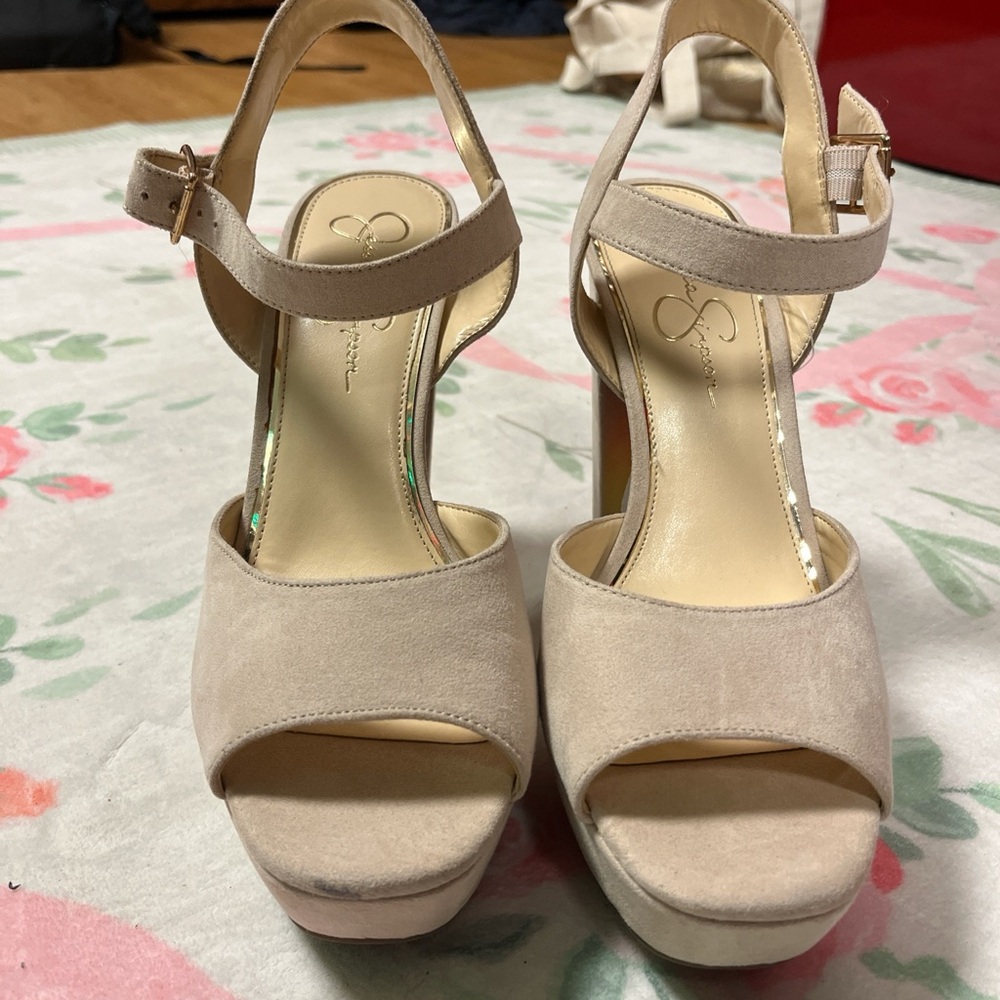 Jessica Simpson Beige Suede-Look Platform Ankle Strap Sandals